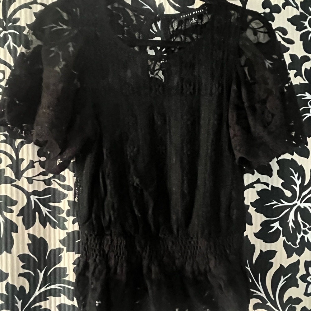 Black Lace Puff Sleeve Women's Top - Brand: